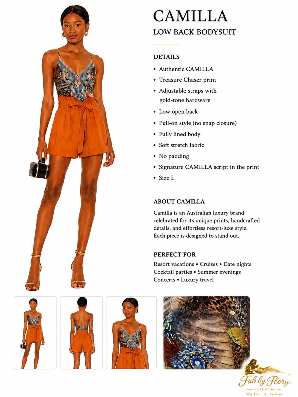 CAMILLA Treasure Chaser Low Back Bodysuit | Size L | Never Worn | Authentic